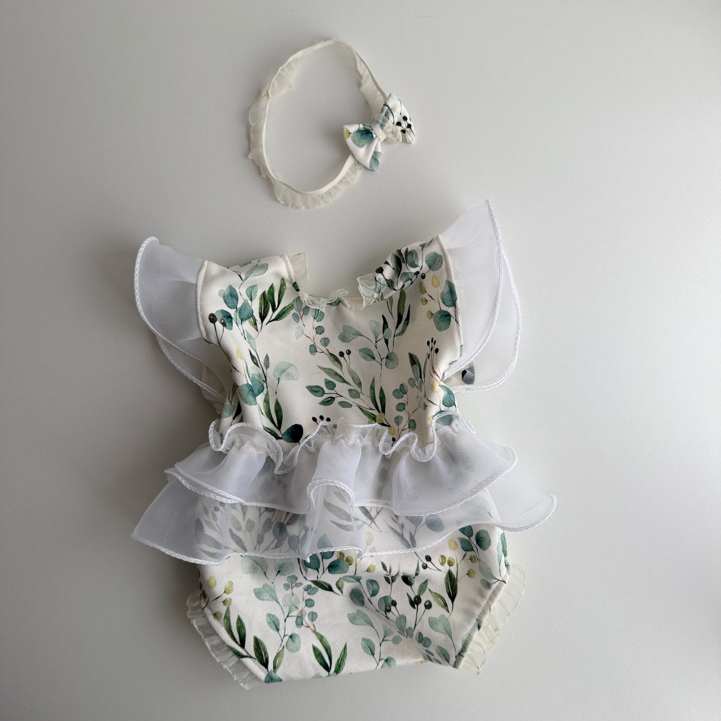 Newborn Floral Romper with Ruffles + Headband – Photography Prop Set