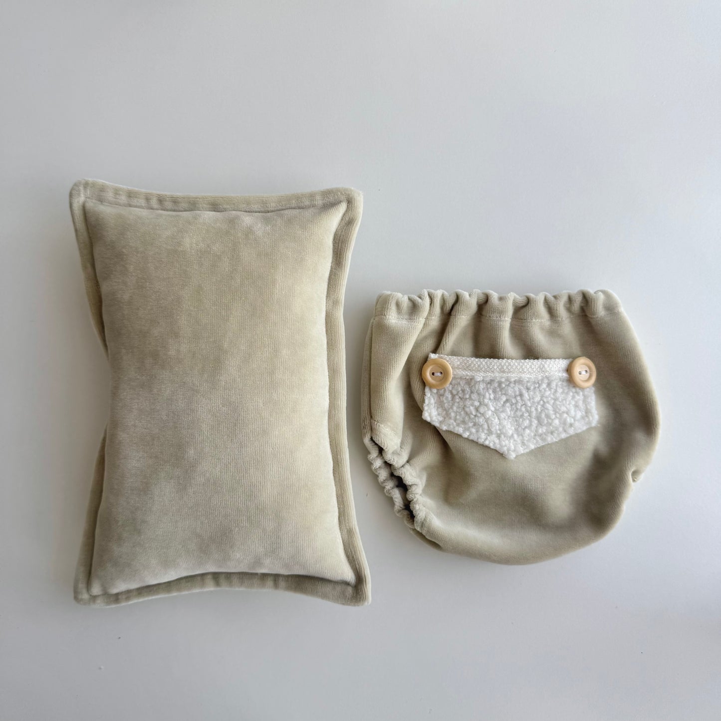 Pistachio Velvet Pillow & Teddy Bloomers Set – Newborn Photography Props