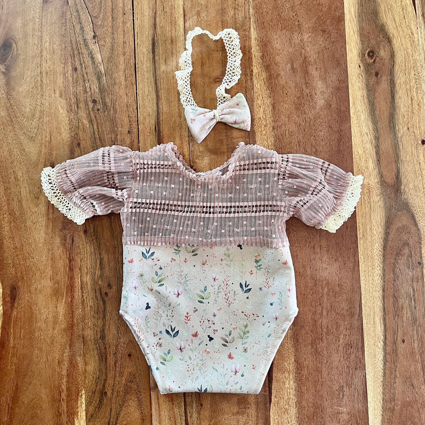 Anabelle cappucino lace & flower newborn or sitter Photography Prop Outfit For Girl