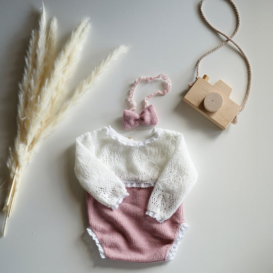 Anabelle cream lace & pink newborn or sitter Photography Prop Outfit For Girl