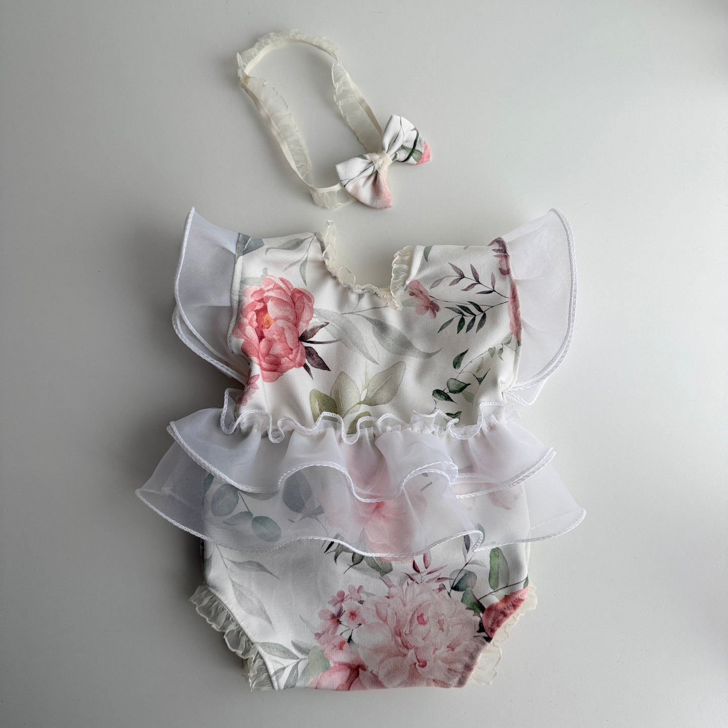 Newborn Floral Romper with Ruffles + Headband – Photography Prop Set