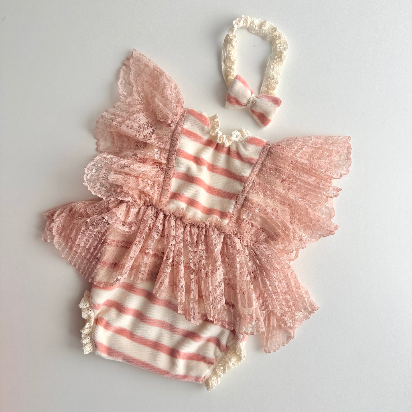 Blush Striped Lace Romper Set – Newborn Photography Props