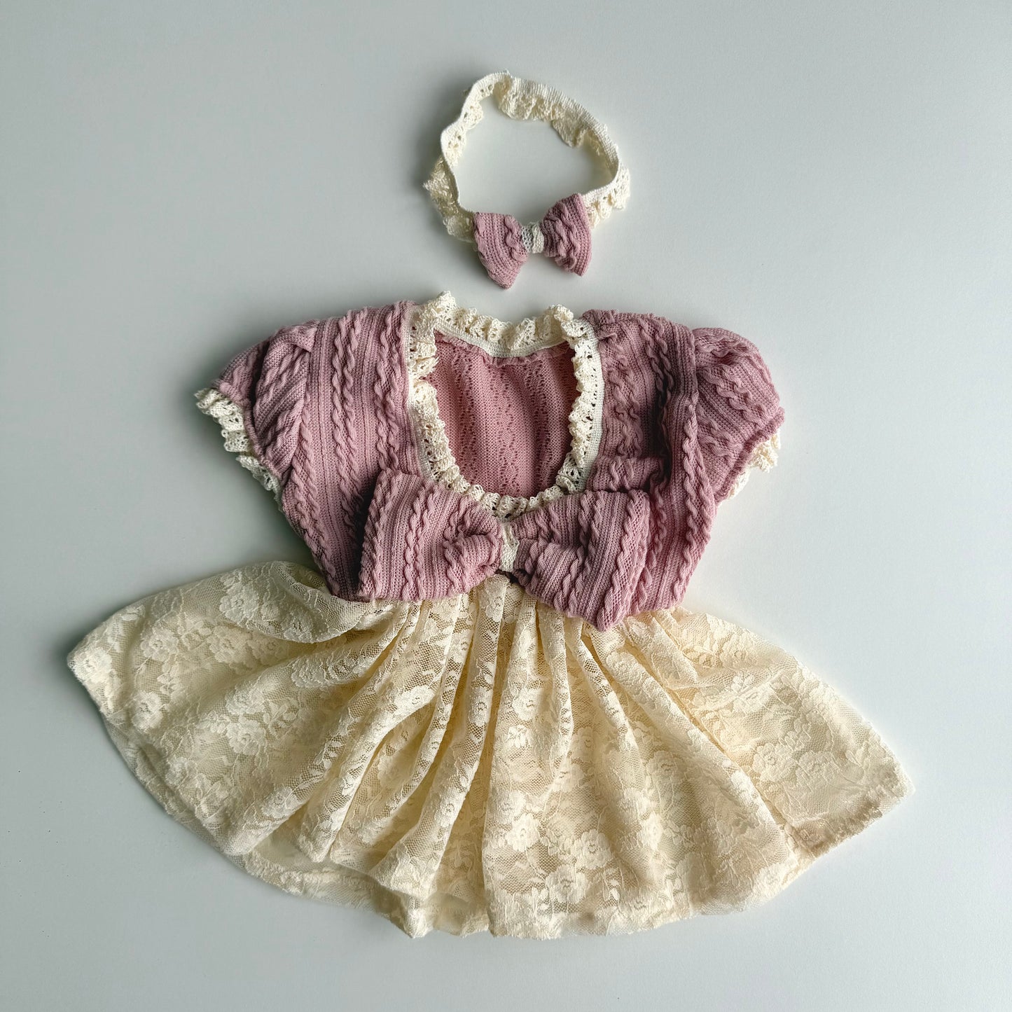 Blush Cable Knit Lace Dress Set – Newborn Photography Props