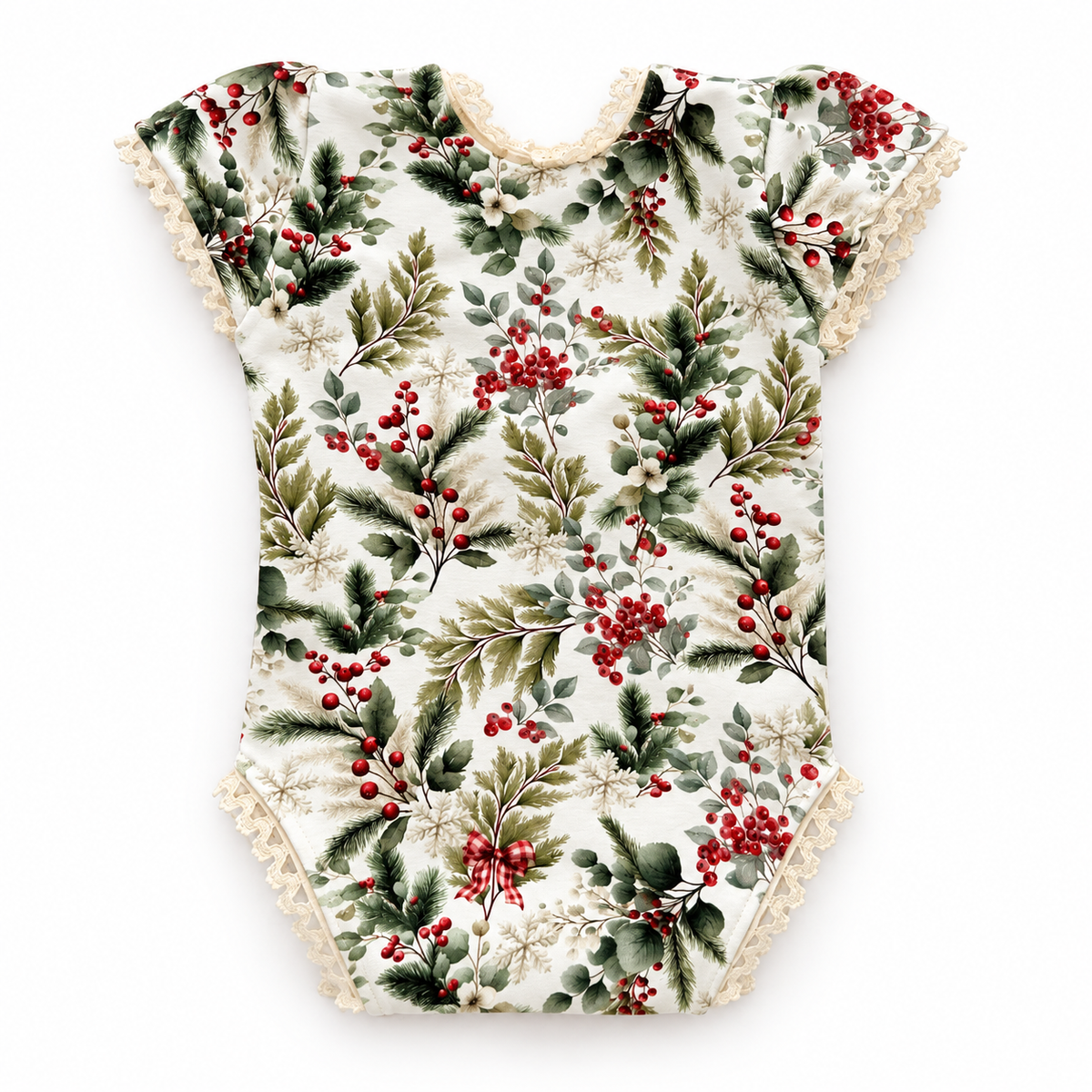 Christmas botanical newborn photography romper with evergreen branches, red berries and cream lace trim