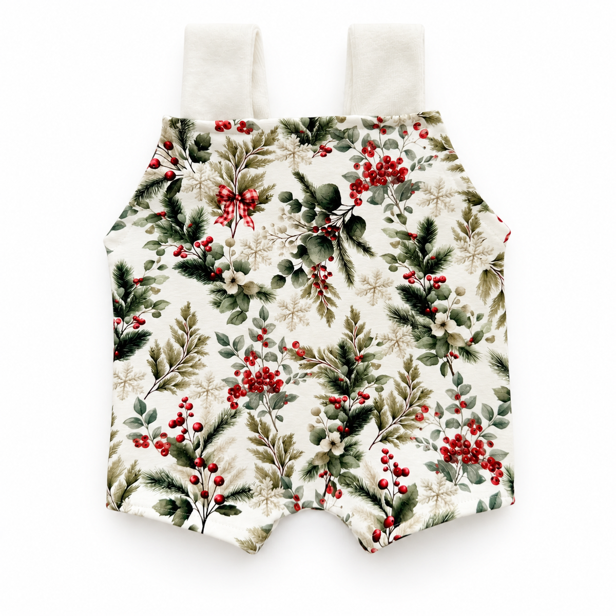 Christmas botanical suspender romper for newborn photography with cream straps and festive red berry print