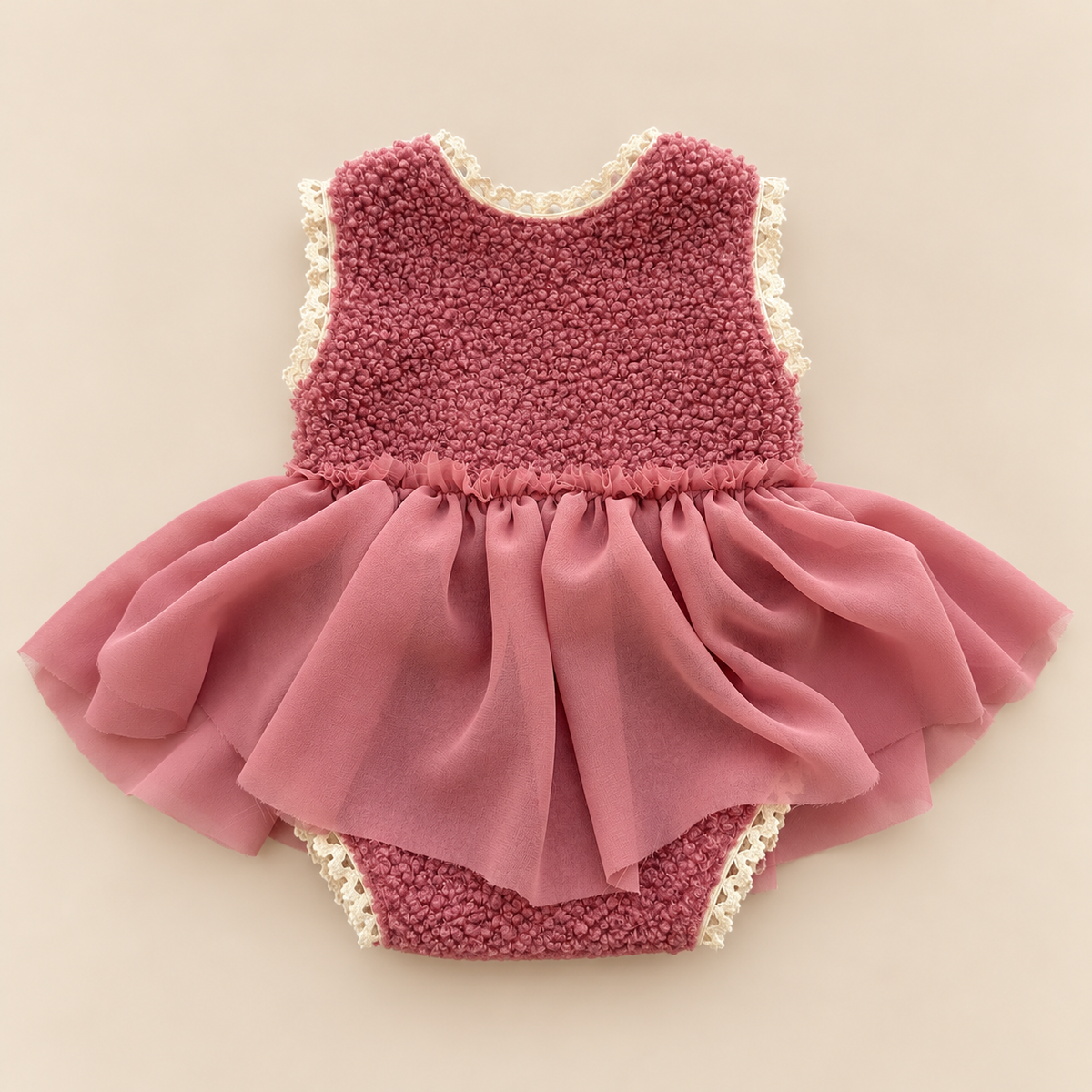 Dusty rose bouclé newborn photography dress romper with layered lightweight pink skirt and ivory lace trims