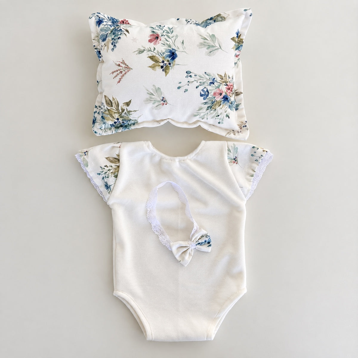 Ivory Meadow floral newborn photography romper, pillow and headband set