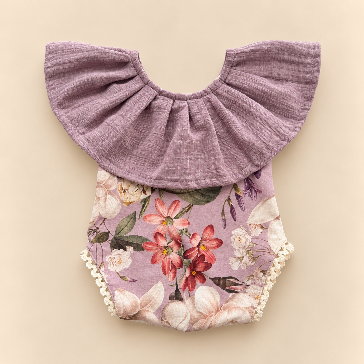 Mauve lilac botanical floral newborn photography romper with large textured muslin collar and ivory lace trim