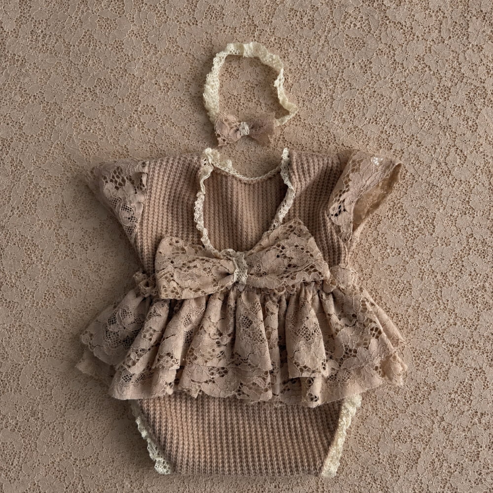 Mocha Lace Newborn Romper & Headband Set