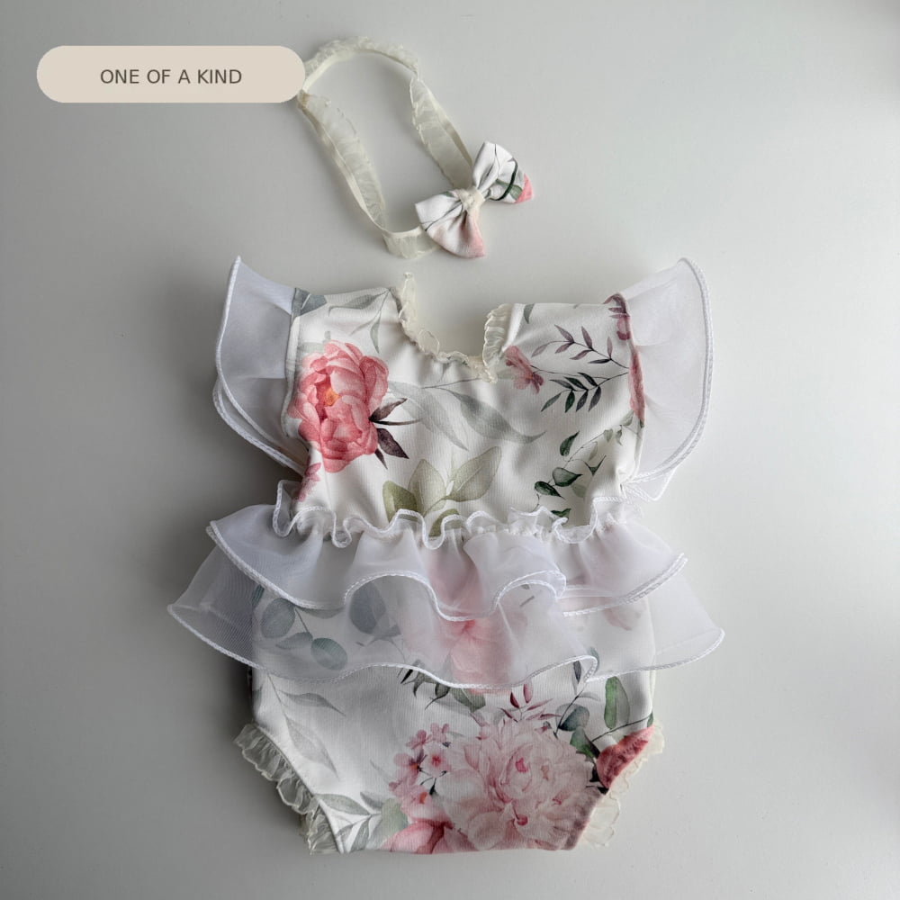 Newborn Floral Romper with Ruffles + Headband – Photography Prop Set