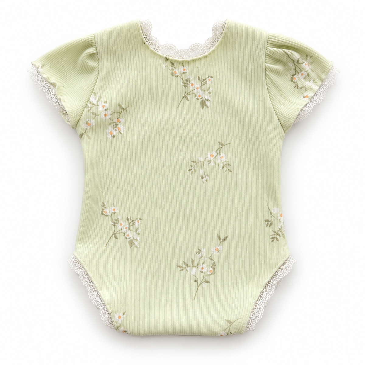Pastel sage floral newborn photography romper with flutter sleeves and delicate ivory lace trim