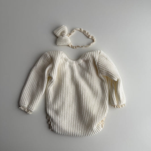Ivory Ribbed Newborn Romper with Bow Headband