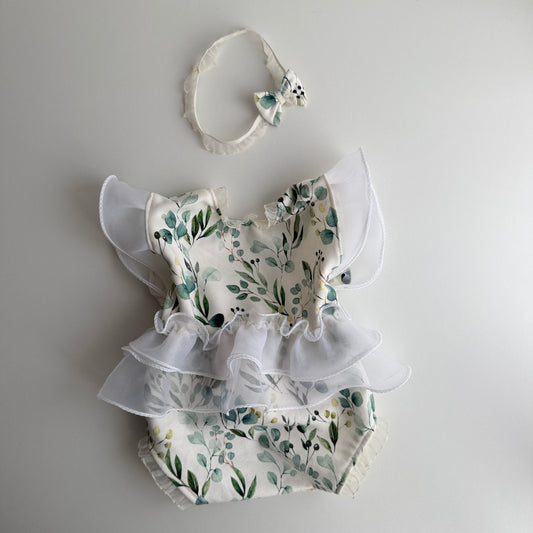 Newborn Floral Romper with Ruffles + Headband – Photography Prop Set