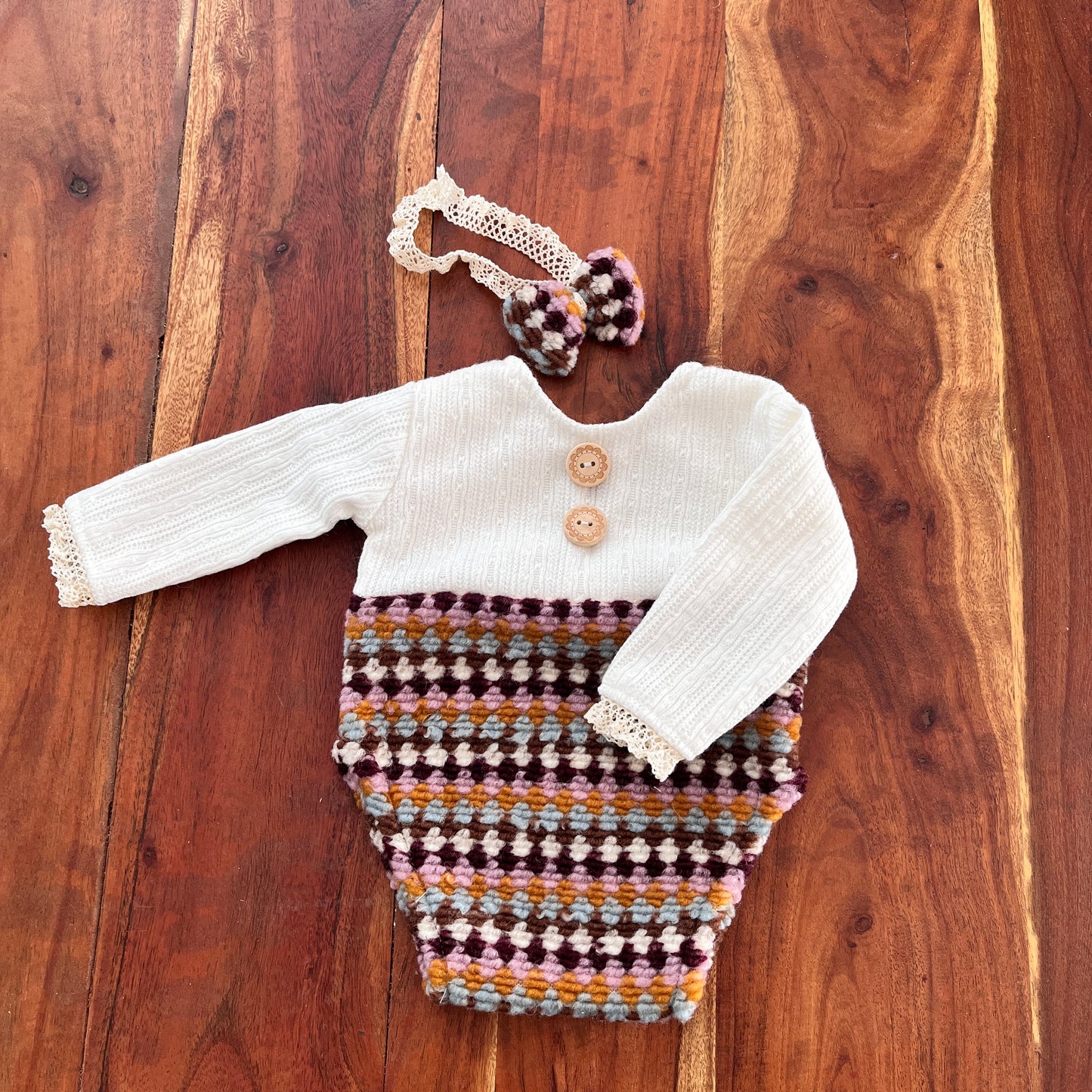Mary cream & colorful checkered Newborn Photography Prop Outfit For Girl
