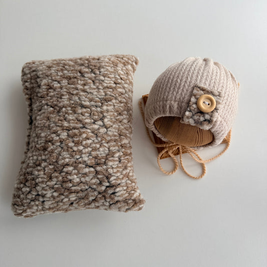 Milkshake Knit Bonnet & Textured Pillow Set – Newborn Photography Props