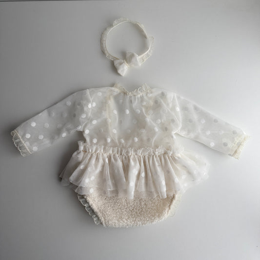 Newborn Romper with Tulle Ruffle + Headband – Photography Prop Set