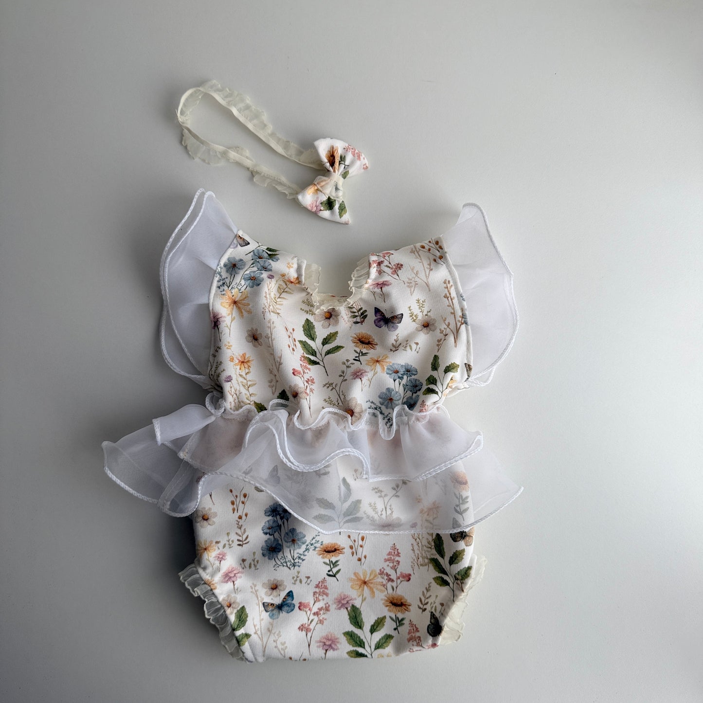 Newborn Floral Romper with Ruffles + Headband – Photography Prop Set
