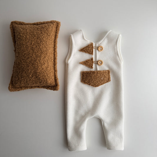 Newborn Romper with Decorative Details + Pillow – Photography Prop Set
