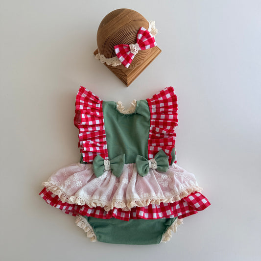 Sage Picnic Lace Romper & Headband Set – Newborn Photography Props
