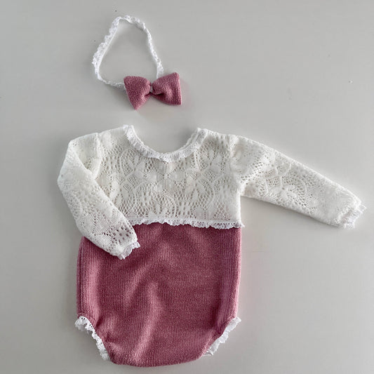 Anabelle cream lace & pink newborn or sitter Photography Prop Outfit For Girl