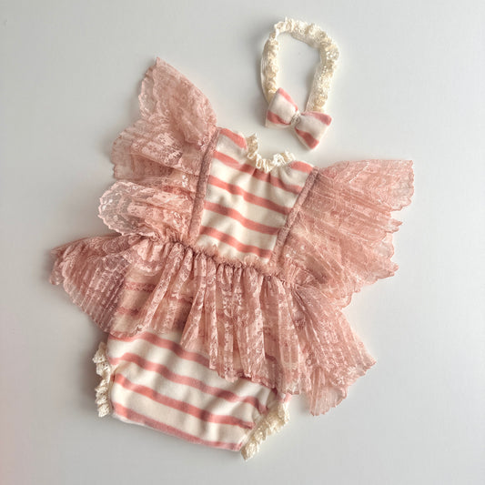 Blush Striped Lace Romper Set – Newborn Photography Props