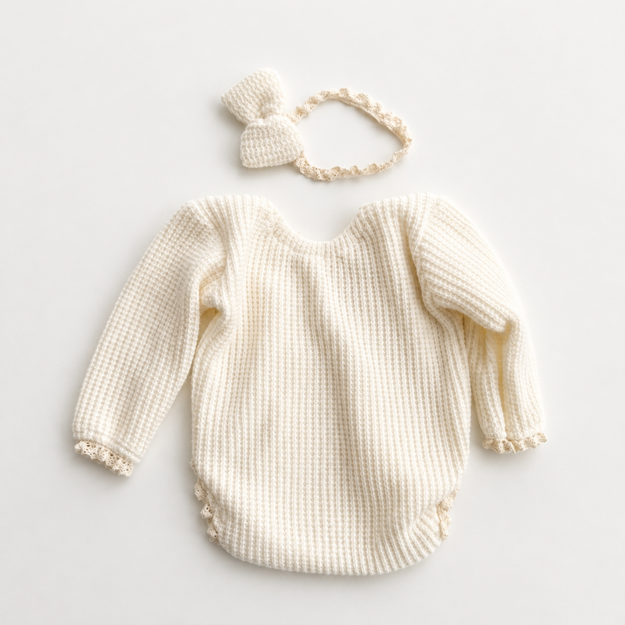 Ivory Ribbed Newborn Romper with Bow Headband
