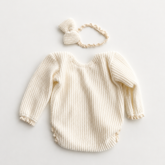 Ivory Ribbed Newborn Romper with Bow Headband