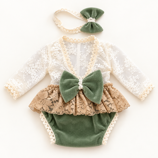 Olive Green & Champagne Lace Newborn Photography Romper Set
