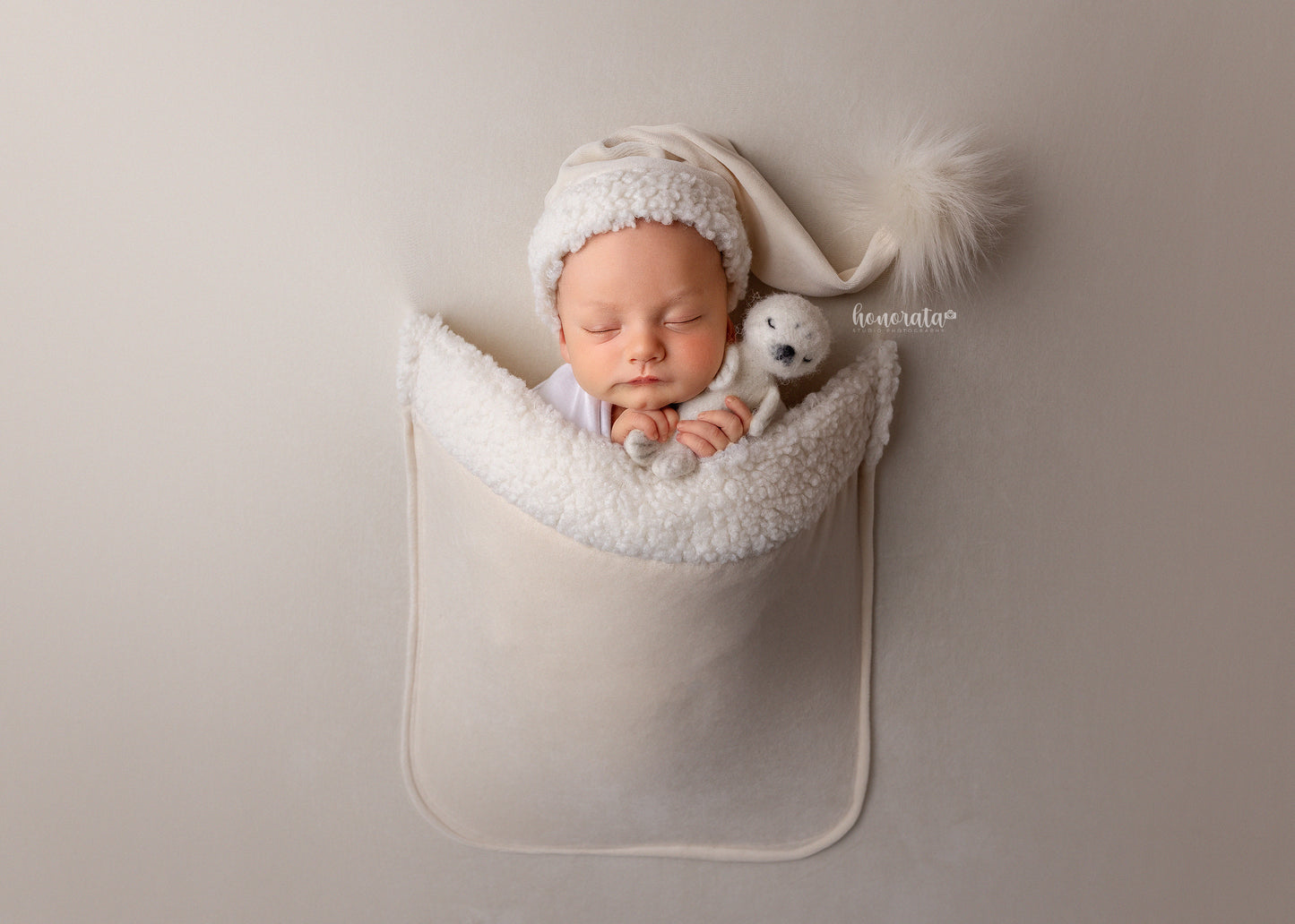 Cream Santa Hat, Backdrop with a pocket. Newborn photo props