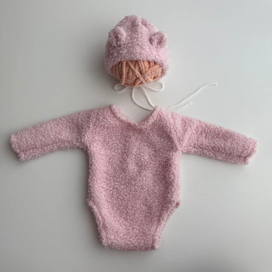 Tenue ours rose avec bonnet, accessoires de photographie pour nouveau-né