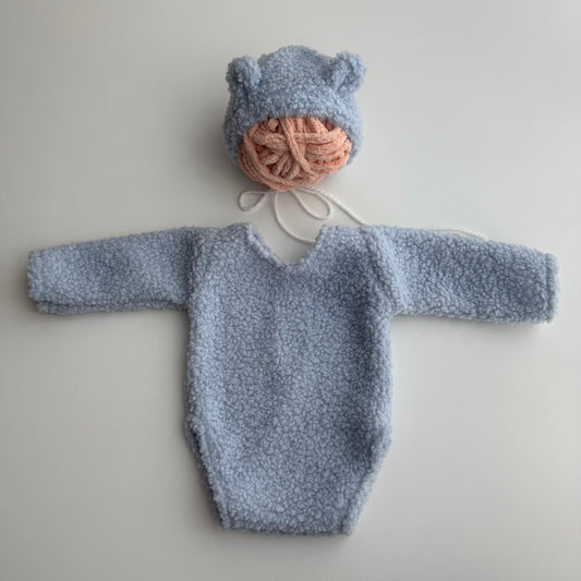 Tenue d'ours bleu avec bonnet, accessoires de photographie pour nouveau-nés