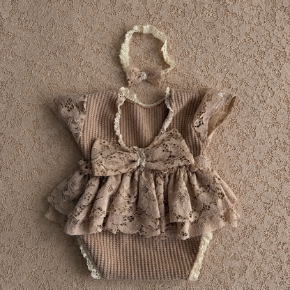 Mocha Lace Newborn Romper & Headband Set