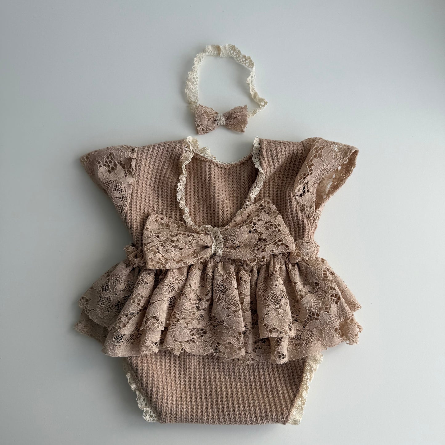Mocha Lace Newborn Romper & Headband Set