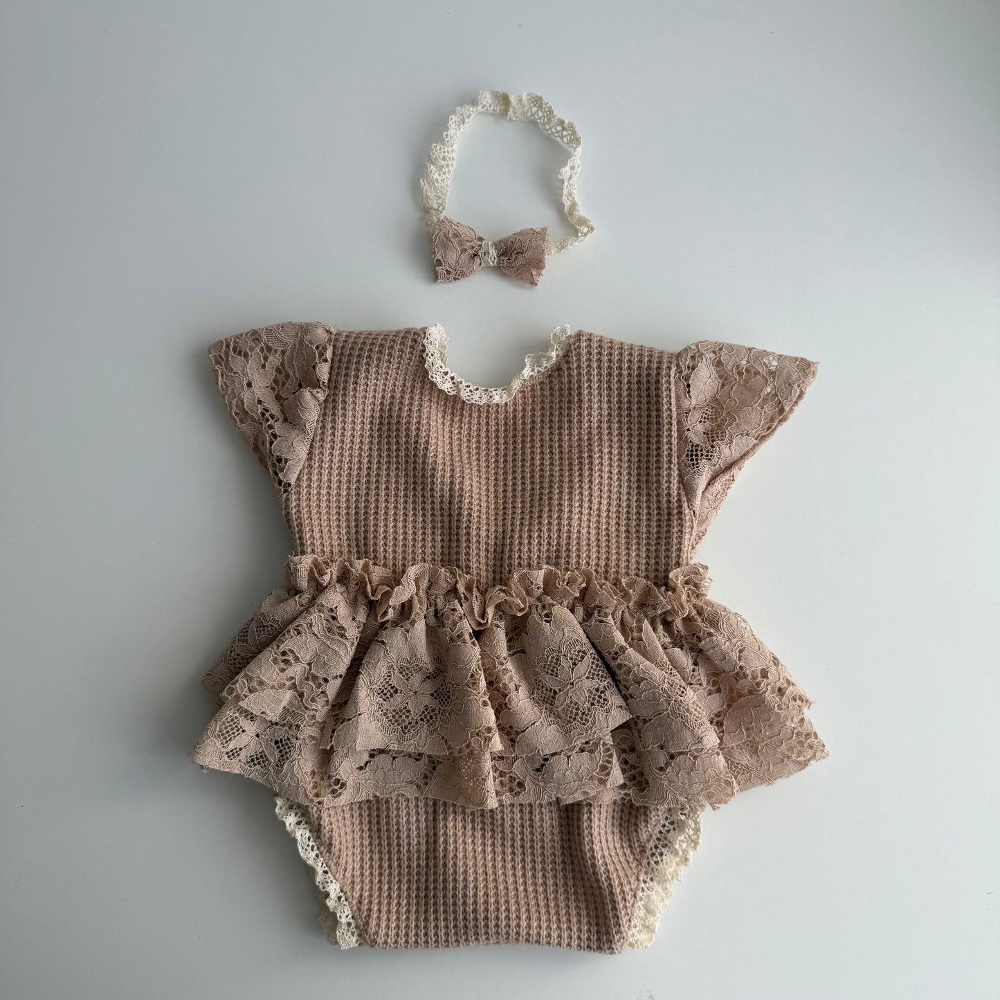 Mocha Lace Newborn Romper & Headband Set