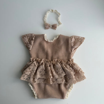 Mocha Lace Newborn Romper & Headband Set