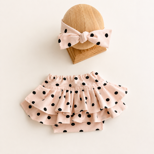 Blush Polka Dot Ruffle Bloomers & Bow Headband Set – Newborn Photography Props
