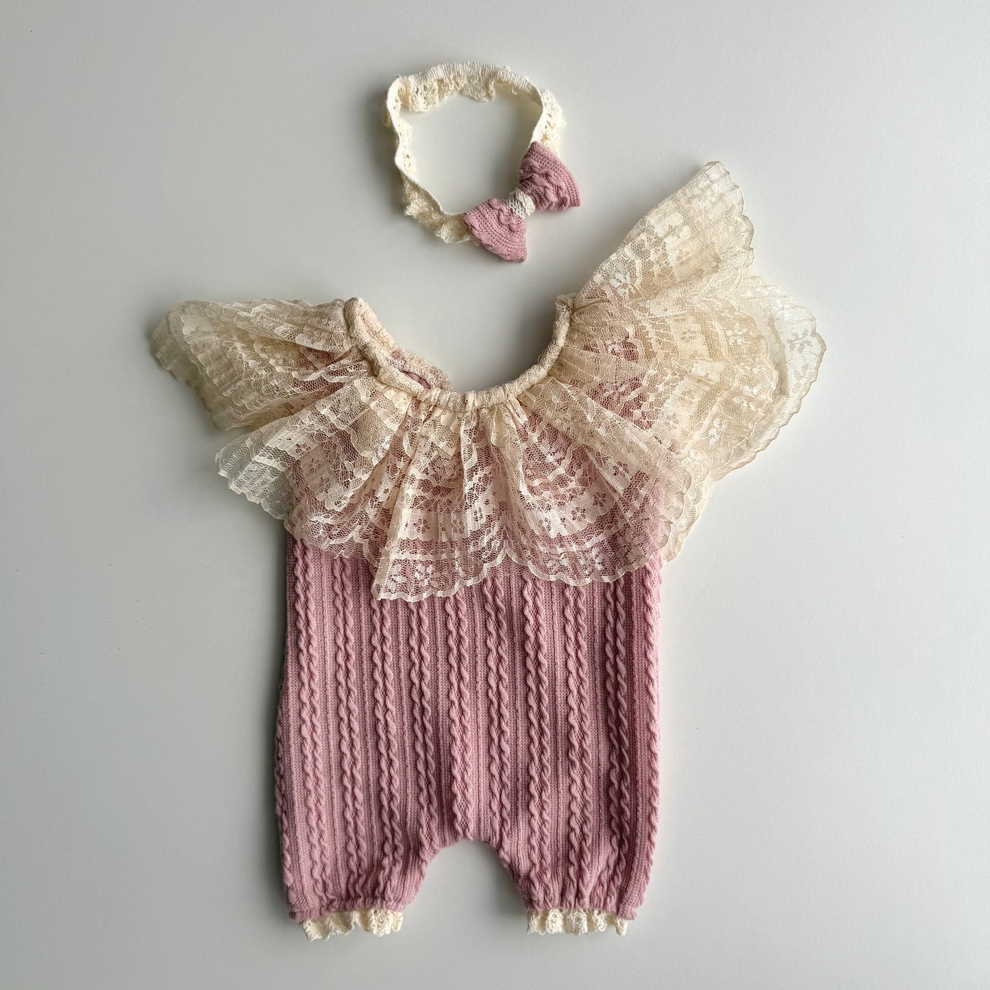 Blush Cable Knit Lace Collar Romper Set – Newborn Photography Props