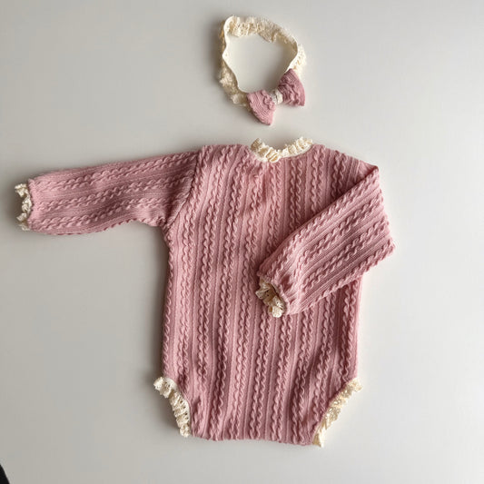 Blush Cable Knit Lace Romper Set – Newborn Photography Props