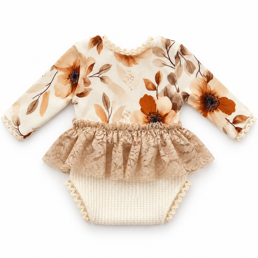 Autumn floral long sleeve newborn photography lace dress romper with beige lace skirt and ivory textured bottom
