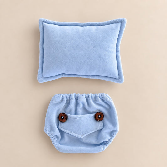Baby blue bloomers with matching pillow newborn photography props