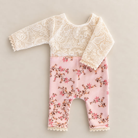 Blush Bloom ivory lace and floral newborn photography romper for girl