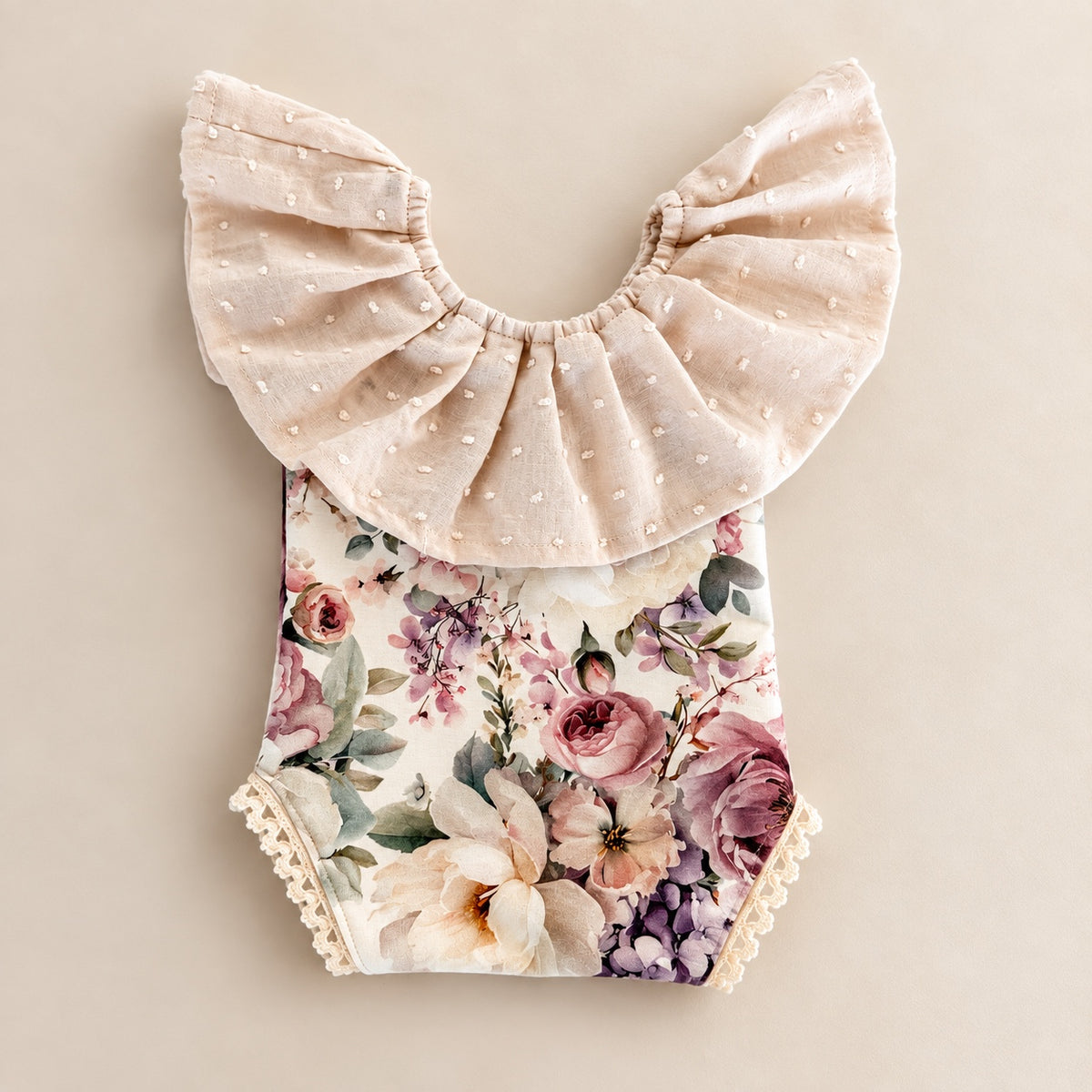 Blush floral newborn photography romper with ruffle collar and ivory lace trim