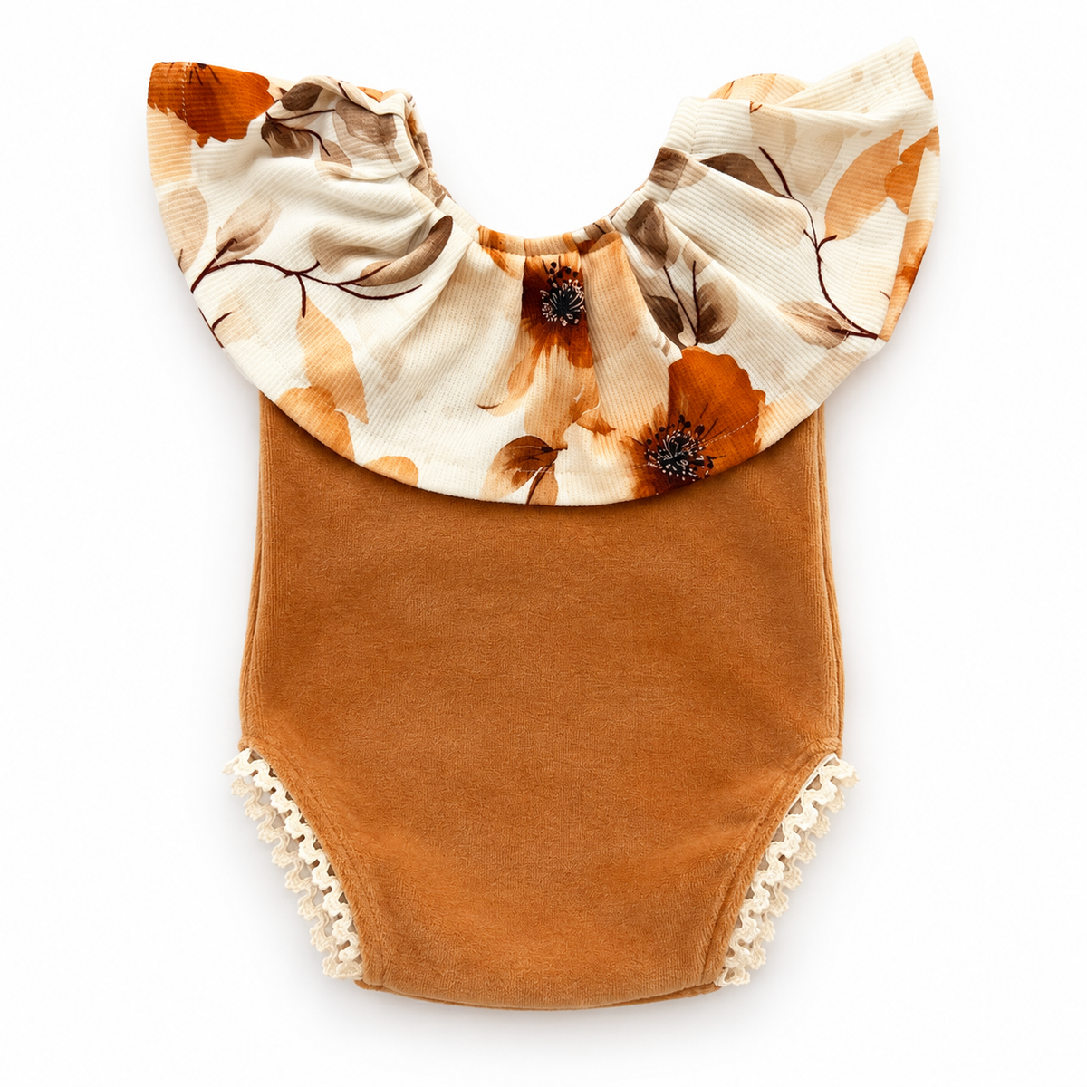 Caramel autumn floral ruffle romper for newborn photography with ivory lace trim