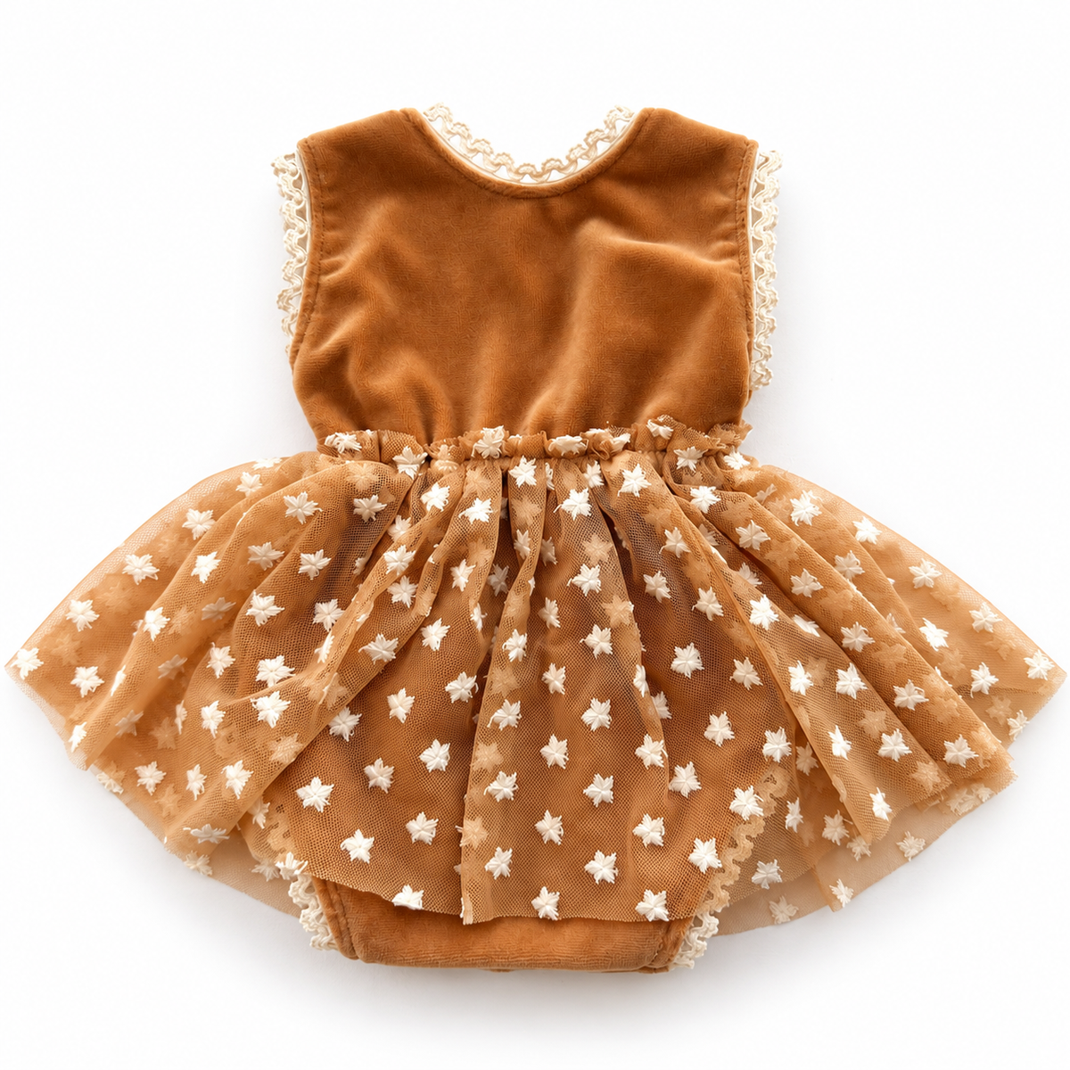 Caramel brown newborn photography dress romper with cream floral tulle skirt and lace trim