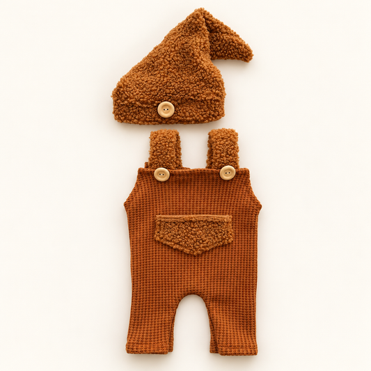 Caramel waffle newborn photography romper and pointed teddy bonnet two piece set