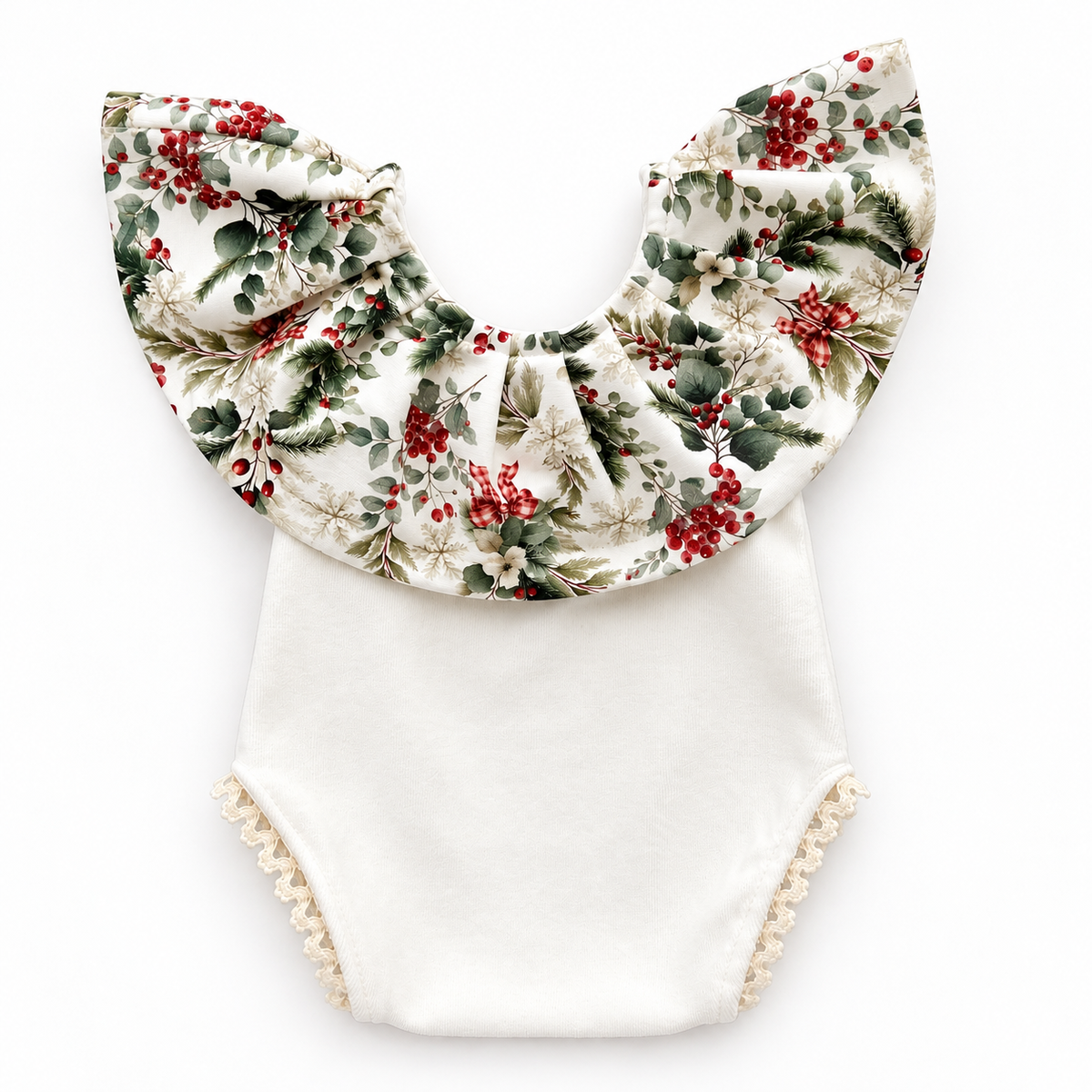 Ivory newborn photography romper with festive botanical ruffle and cream lace trim