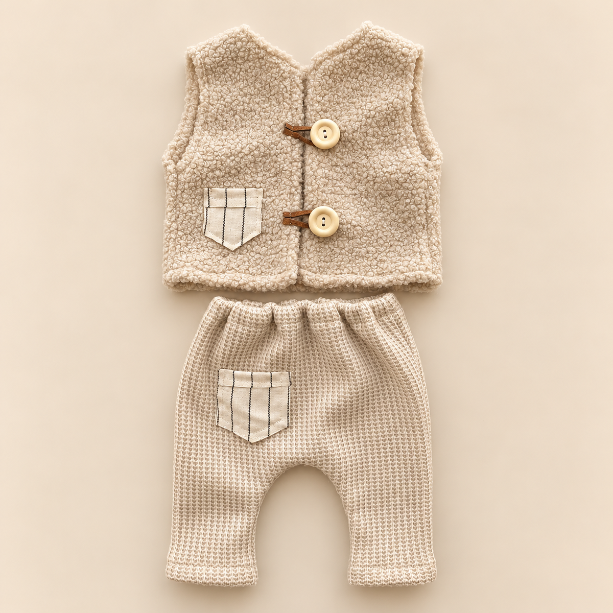 Cream bouclé newborn photography vest with buttons and striped pocket paired with beige textured pants with matching pocket