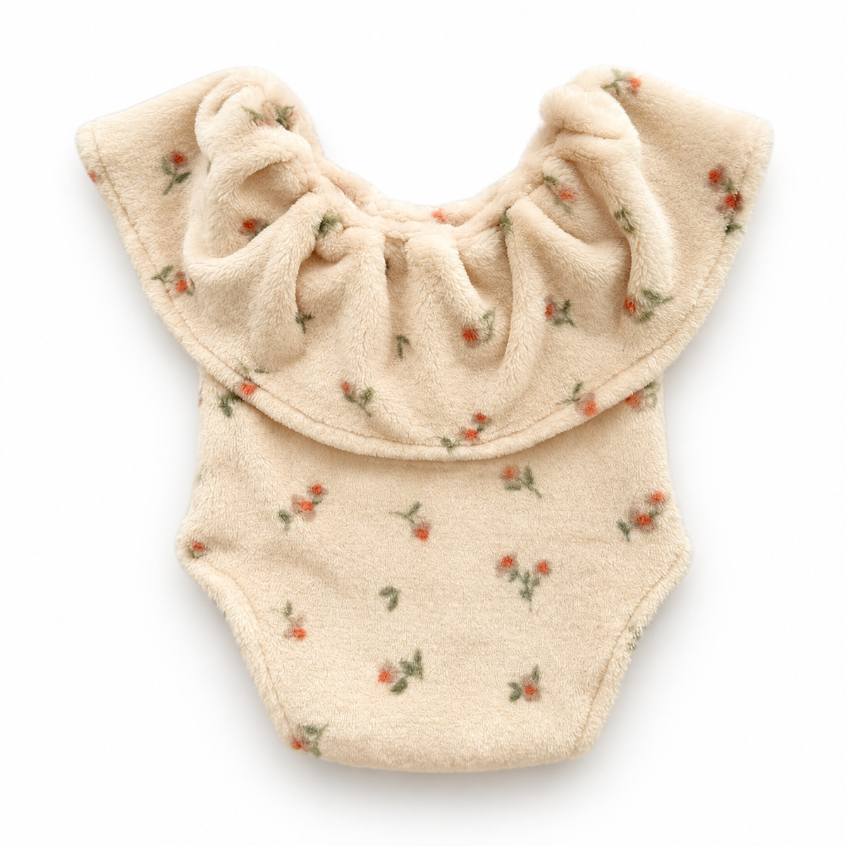 Cream floral plush ruffle romper for newborn photography with tiny coral flowers and oversized collar