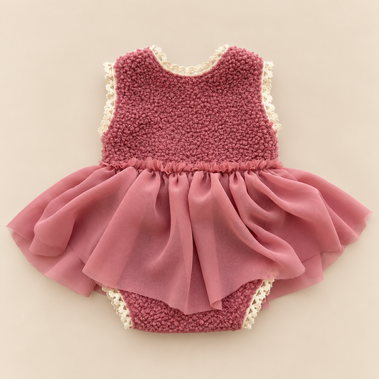 Dusty rose bouclé newborn photography dress romper with layered lightweight pink skirt and ivory lace trims