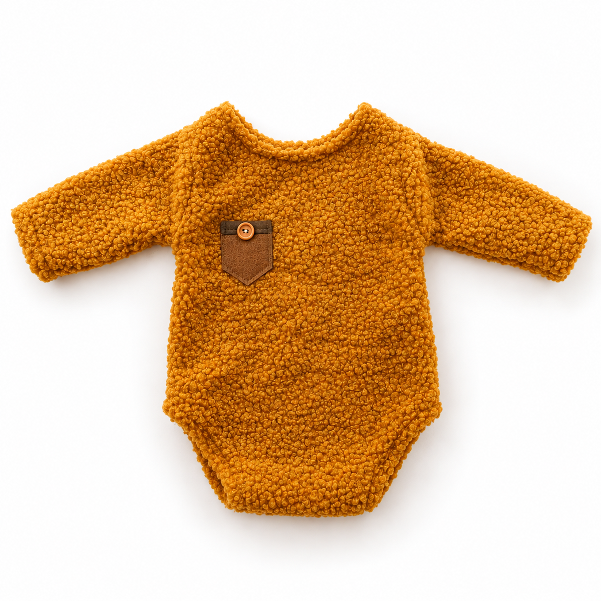 Mustard boucle newborn photography romper with brown pocket